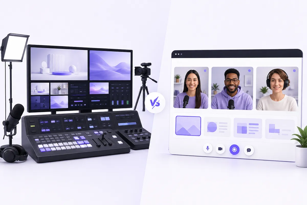 Conceptual comparison of a broadcast mixing desk and a browser studio with guests.