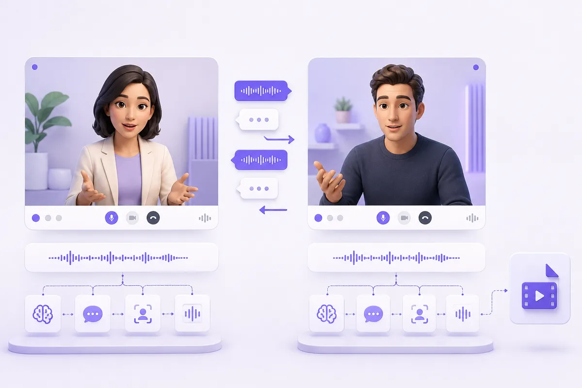 Conceptual visual agents with conversational audio and modular integration paths.