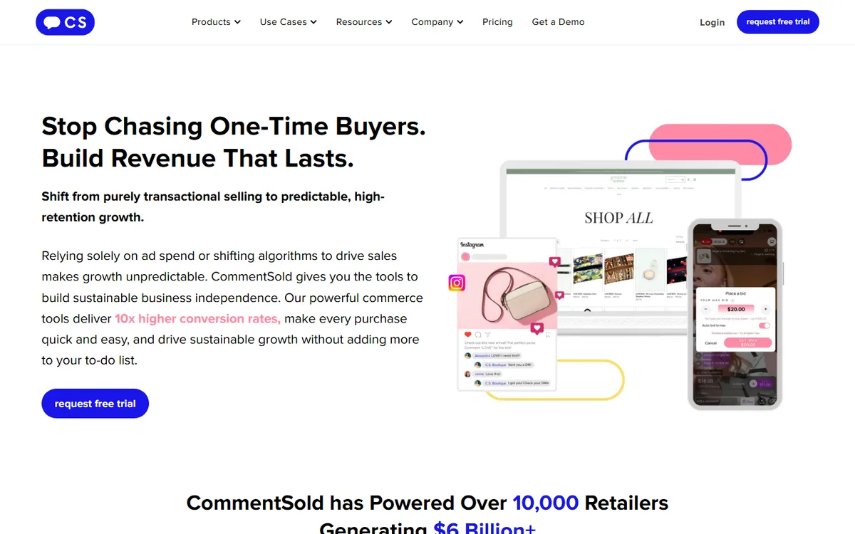 CommentSold official website first-screen screenshot, captured September 5, 2026.