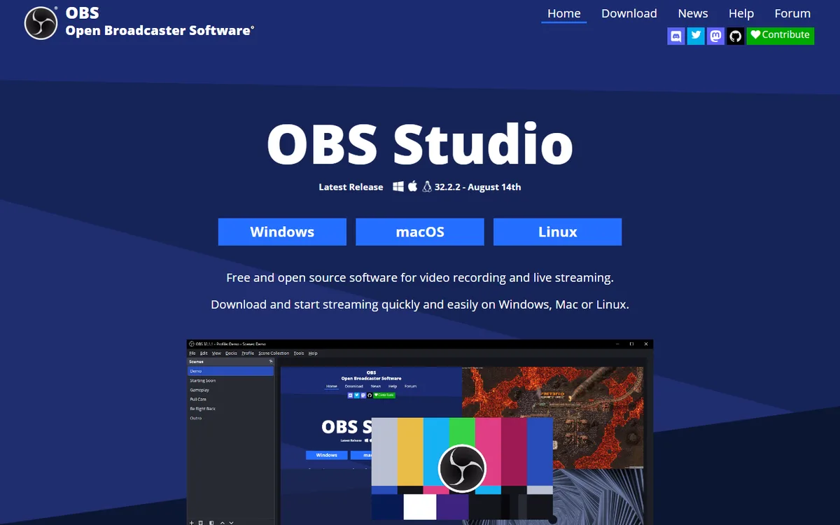 OBS Studio official website first-screen screenshot, captured September 5, 2026.