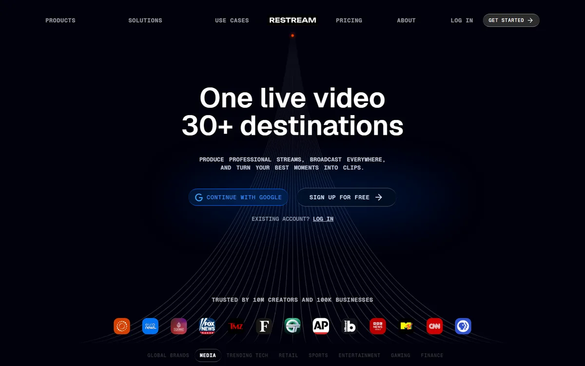 Restream official website first-screen screenshot, captured September 5, 2026.