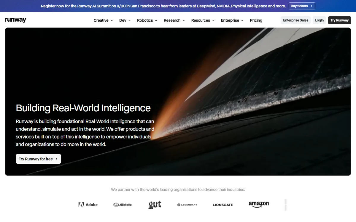 Runway official website first-screen screenshot, captured September 5, 2026.