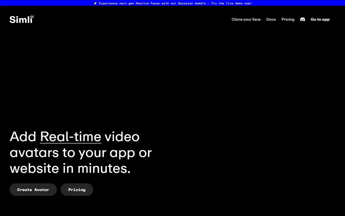 Simli official website first-screen screenshot, captured September 5, 2026.
