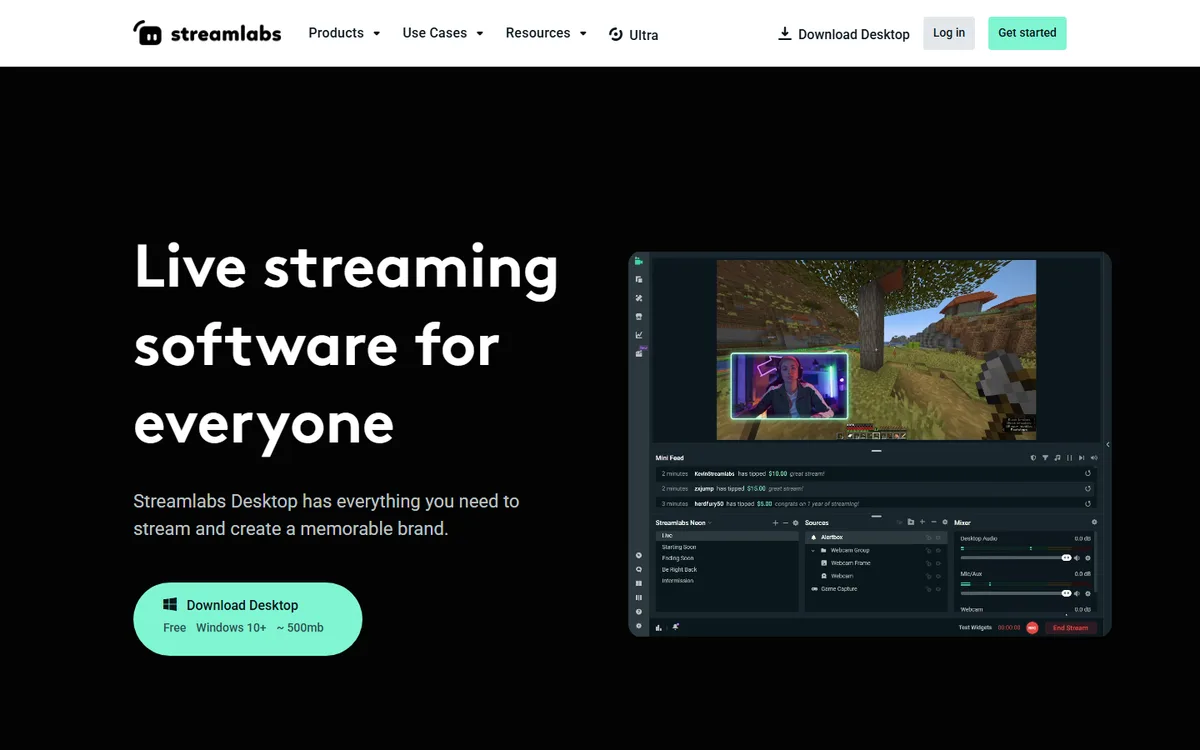 Streamlabs Desktop official website first-screen screenshot, captured September 5, 2026.