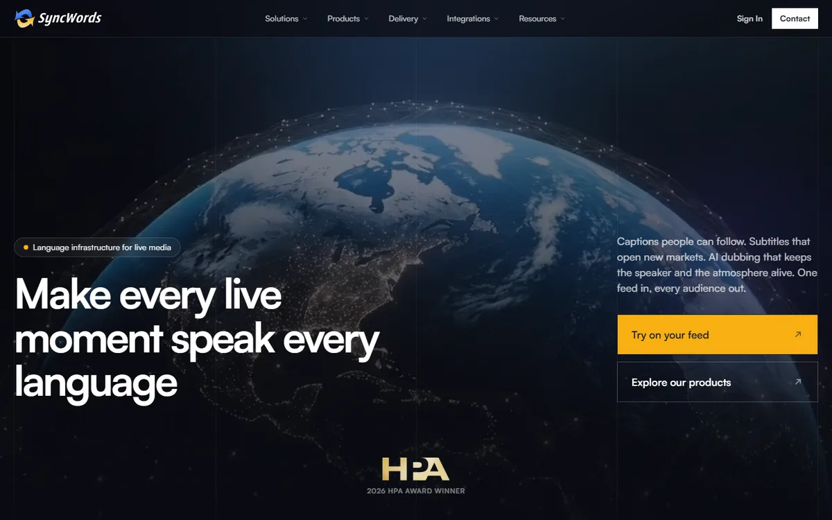 SyncWords official website first-screen screenshot, captured September 5, 2026.