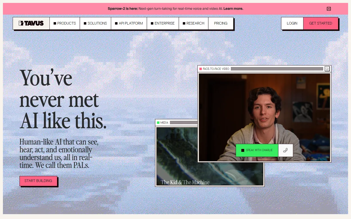 Tavus official website first-screen screenshot, captured September 5, 2026.